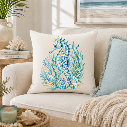 Ornamental Watercolor Seahorse Throw Pillow