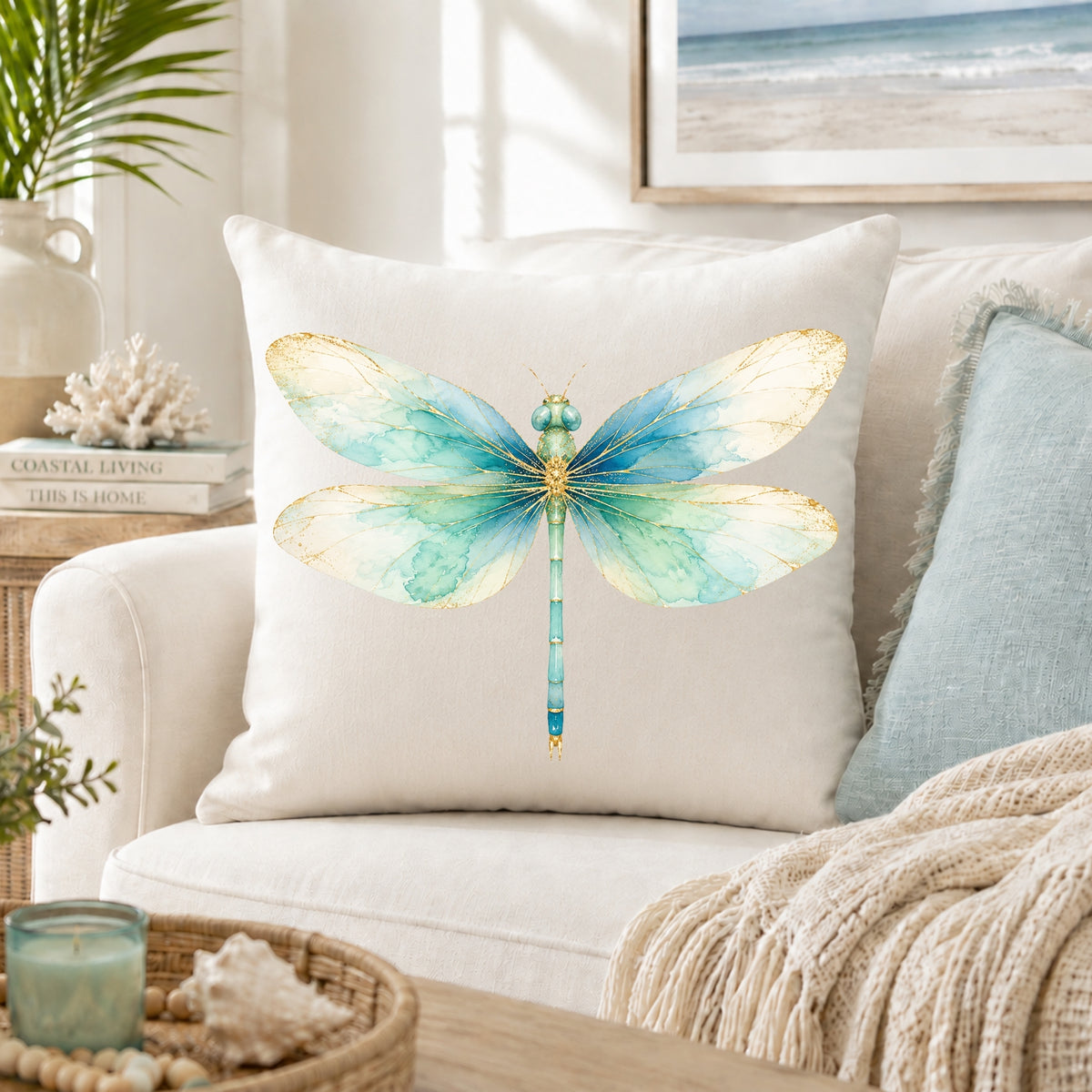 Watercolor Dragonfly Coastal Throw Pillow