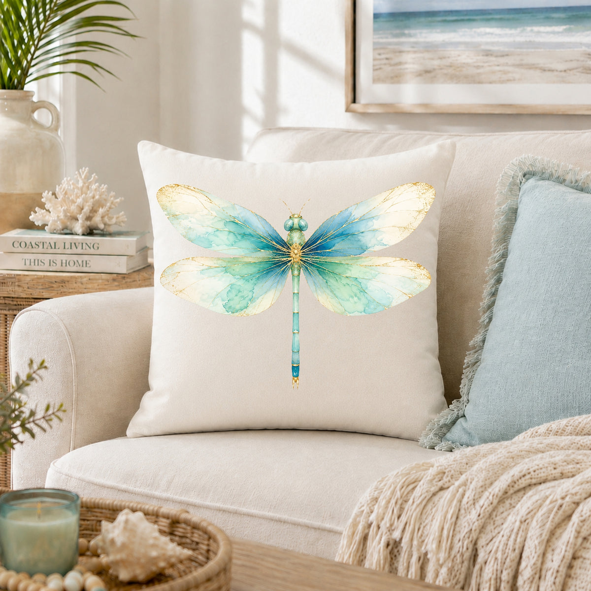 Watercolor Dragonfly Coastal Throw Pillow