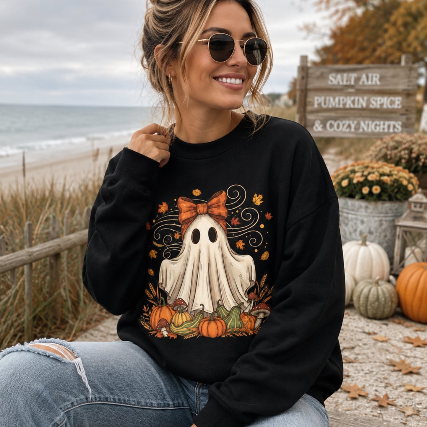 Whimsical Ghost Coquette Bow Halloween Sweatshirt