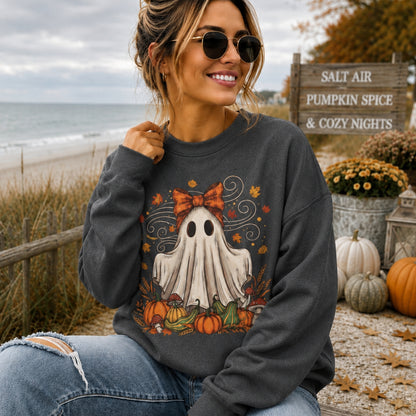 Whimsical Ghost Coquette Bow Halloween Sweatshirt