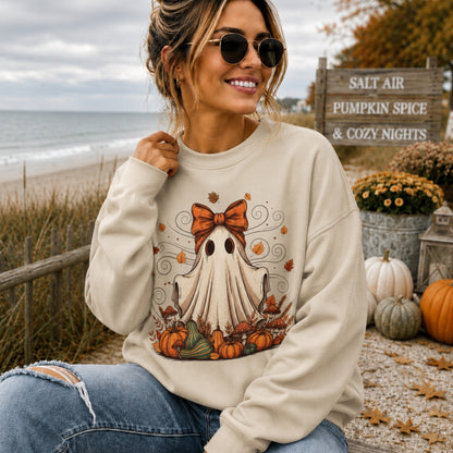 Whimsical Ghost Coquette Bow Halloween Sweatshirt
