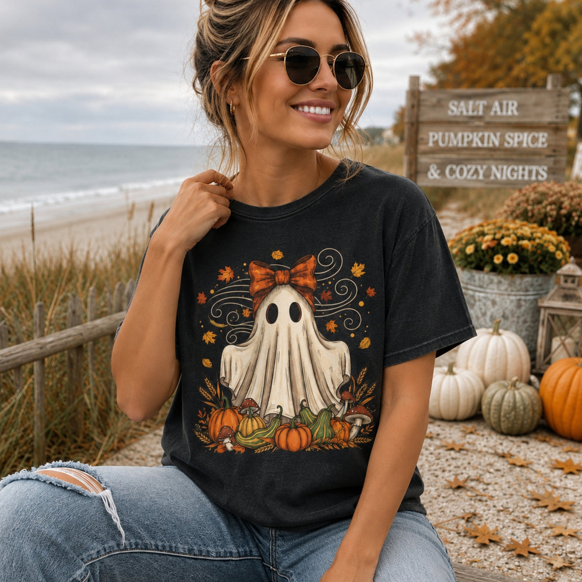 Whimsical Ghost Bow Halloween T-Shirt