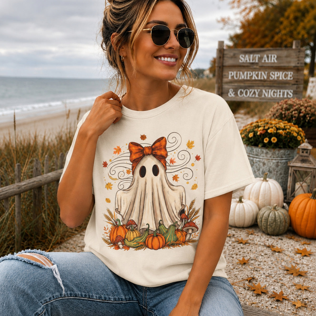 Whimsical Ghost Bow Halloween T-Shirt