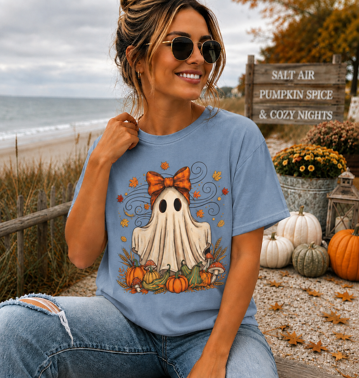 Whimsical Ghost Bow Halloween T-Shirt