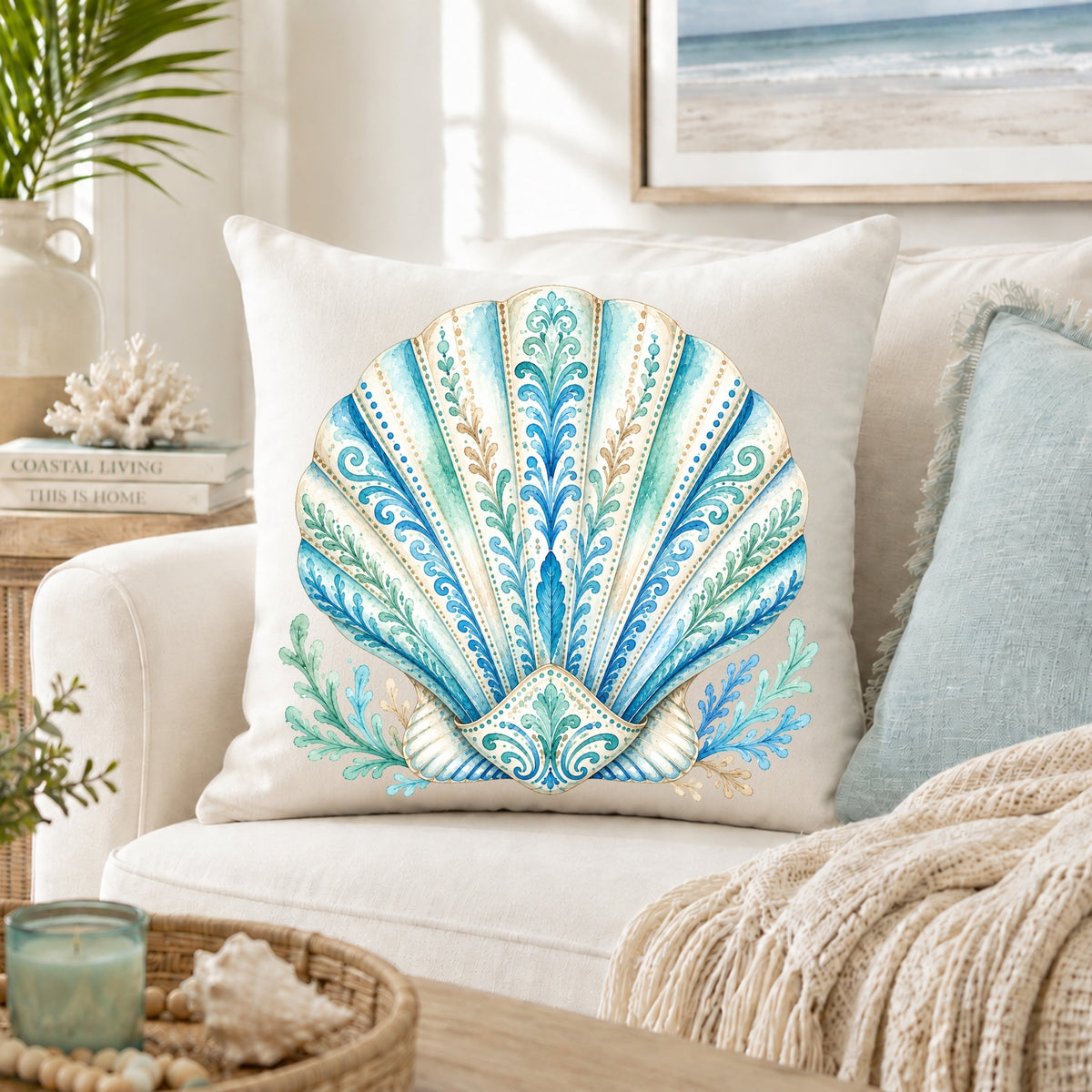 Ornamental Watercolor Scallop Shell Throw Pillow