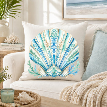 Ornamental Watercolor Scallop Shell Throw Pillow