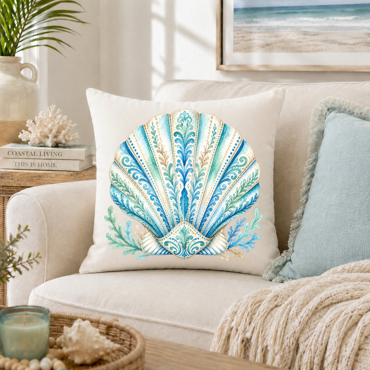 Ornamental Watercolor Scallop Shell Throw Pillow