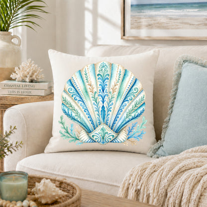Ornamental Watercolor Scallop Shell Throw Pillow