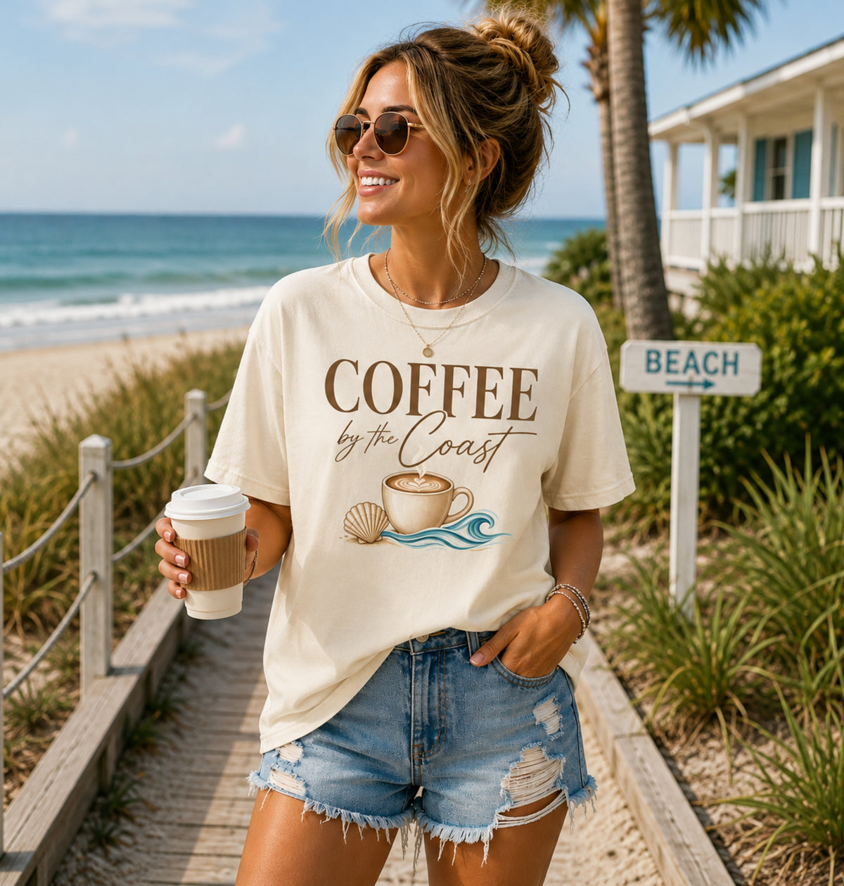 Coffee by the Coast T-Shirt | Coastal Coffee Lover Graphic Tee