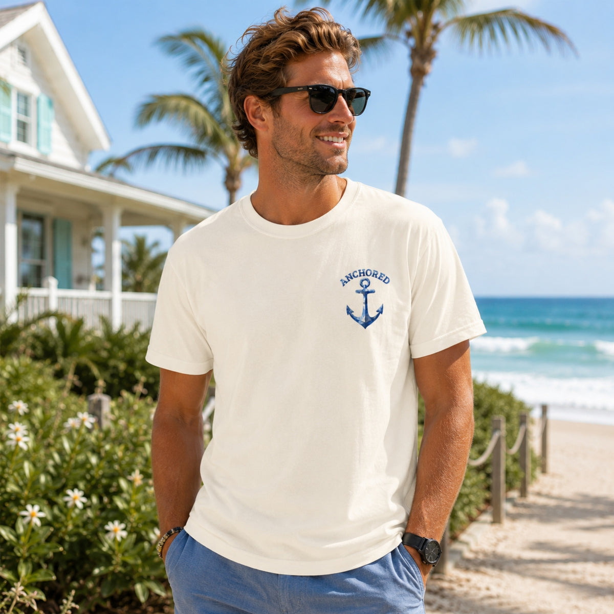 Anchored Watercolor Anchor Coastal T-Shirt | Nautical Tee