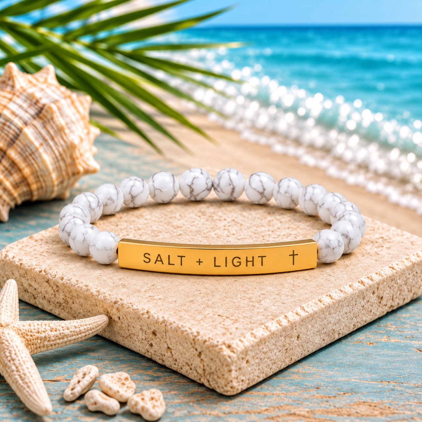Salt + Light Engraved Howlite Natural Stone Bracelet with Cross