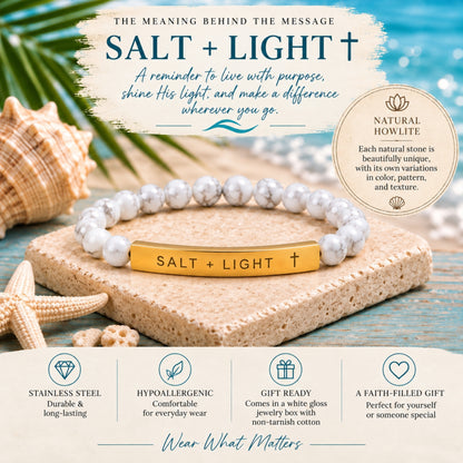 Salt + Light Engraved Howlite Natural Stone Bracelet with Cross