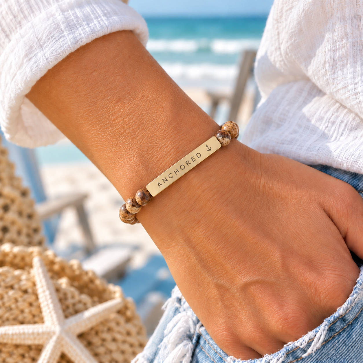 Anchored Engraved Picture Jasper Natural Stone Bracelet with Anchor