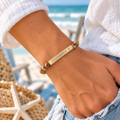 Anchored Engraved Picture Jasper Natural Stone Bracelet with Anchor