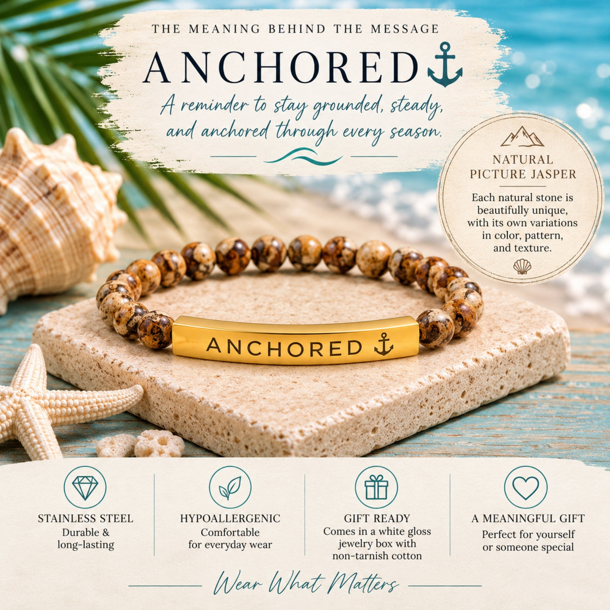 Anchored Engraved Picture Jasper Natural Stone Bracelet with Anchor