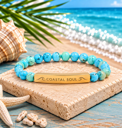 Coastal Soul Engraved Turquoise Natural Stone Bracelet with Waves