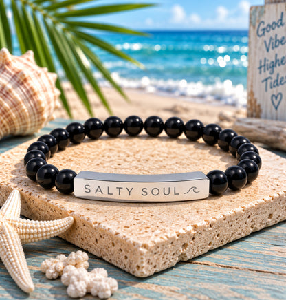 Salty Soul Engraved Black Onyx Natural Stone Bracelet with Wave