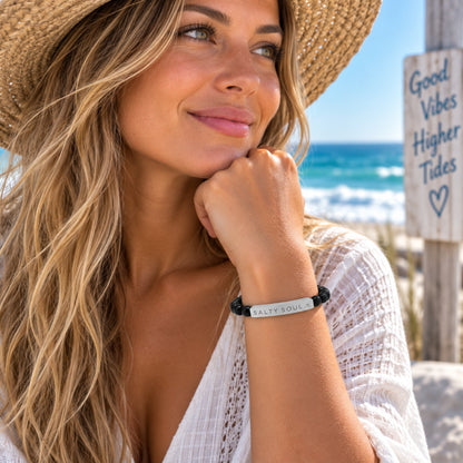 Salty Soul Engraved Black Onyx Natural Stone Bracelet with Wave