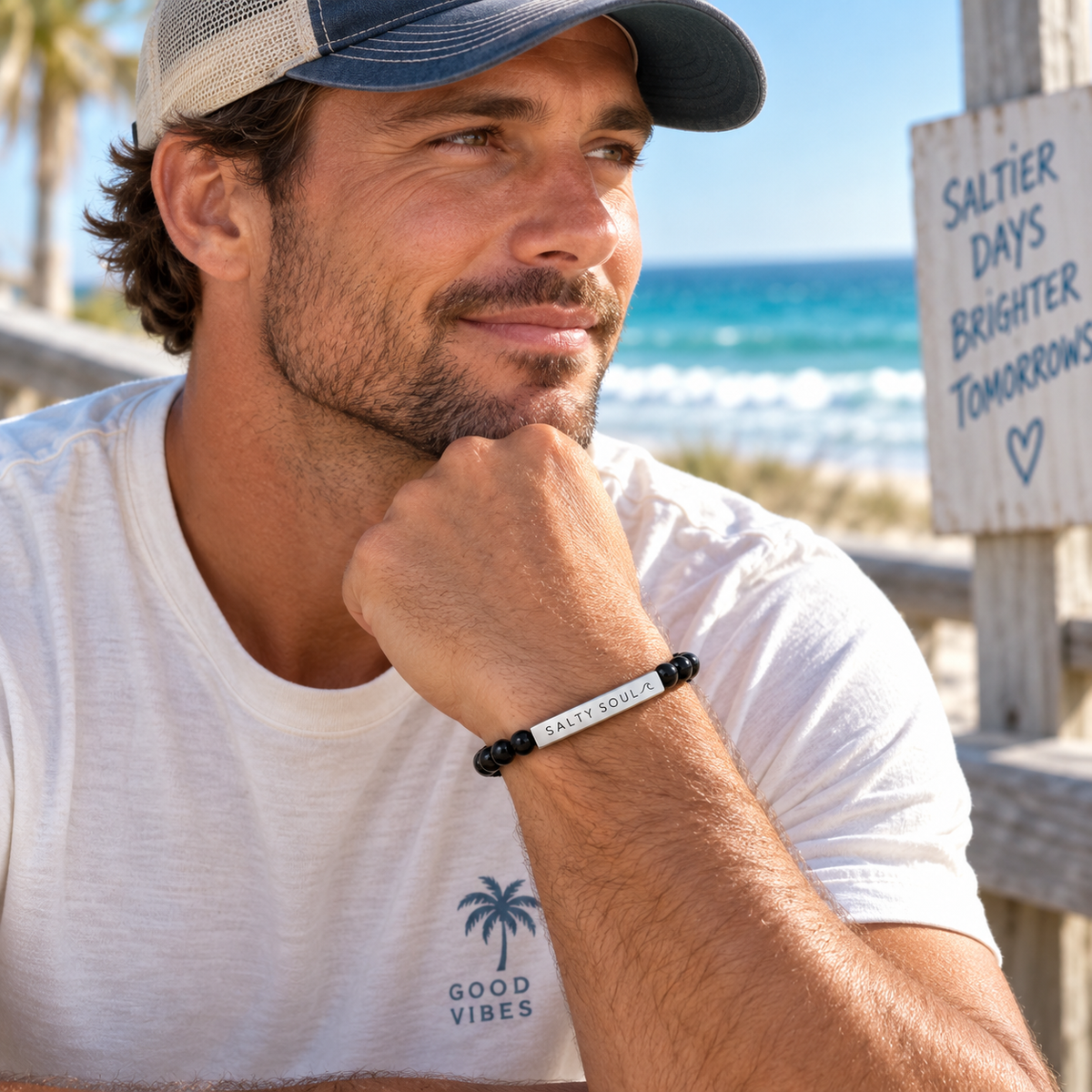 Salty Soul Engraved Black Onyx Natural Stone Bracelet with Wave
