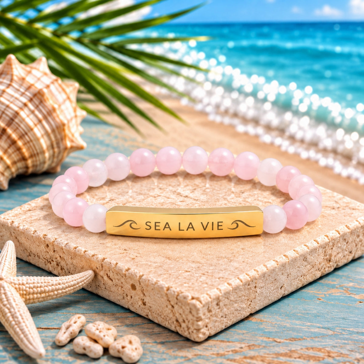 SEA LA VIE Rose Quartz Engraved Coastal Bracelet