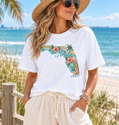 Florida Coastal Watercolor T-Shirt | Tropical Floral State Tee