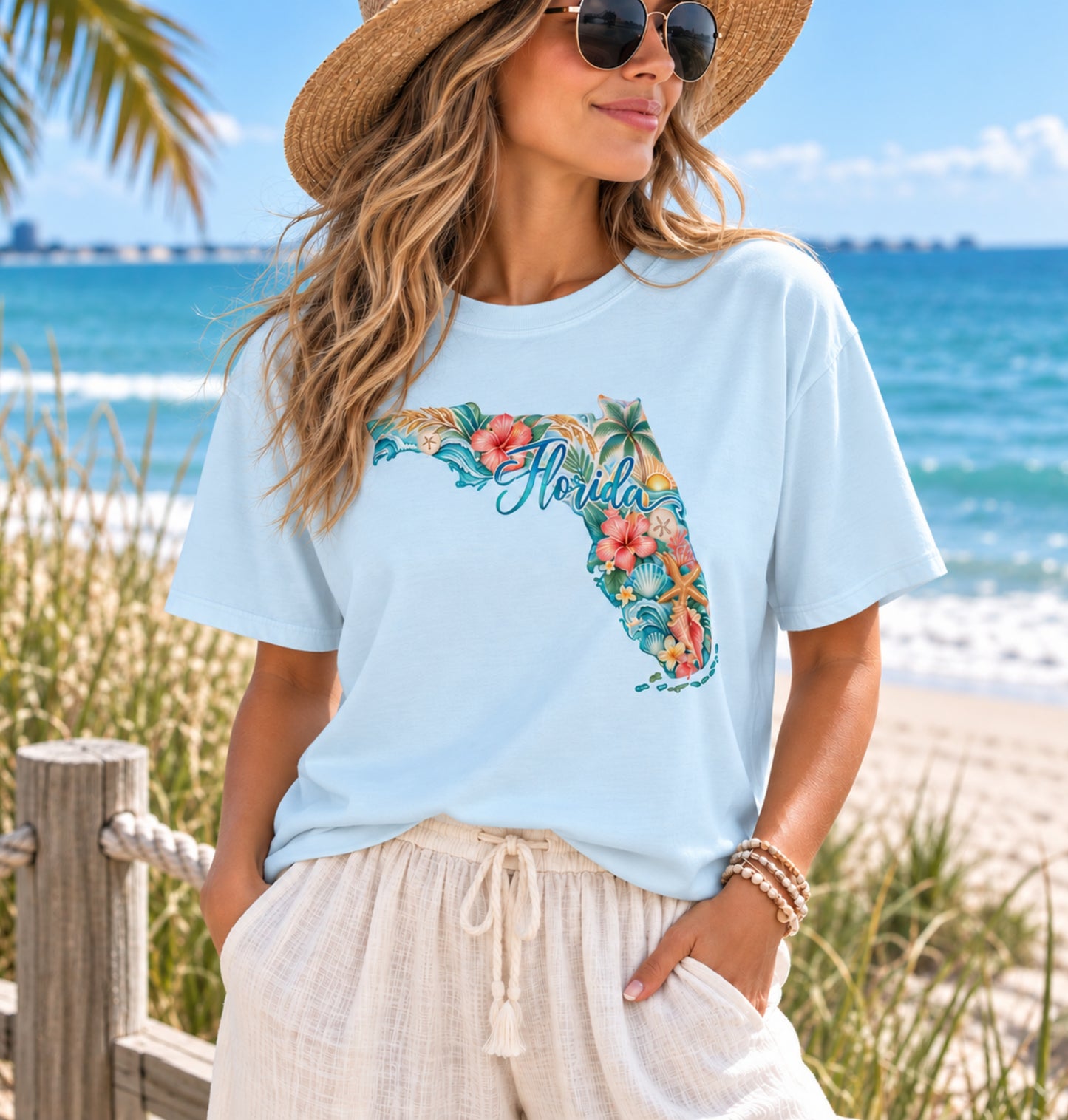 Florida Coastal Watercolor T-Shirt | Tropical Floral State Tee