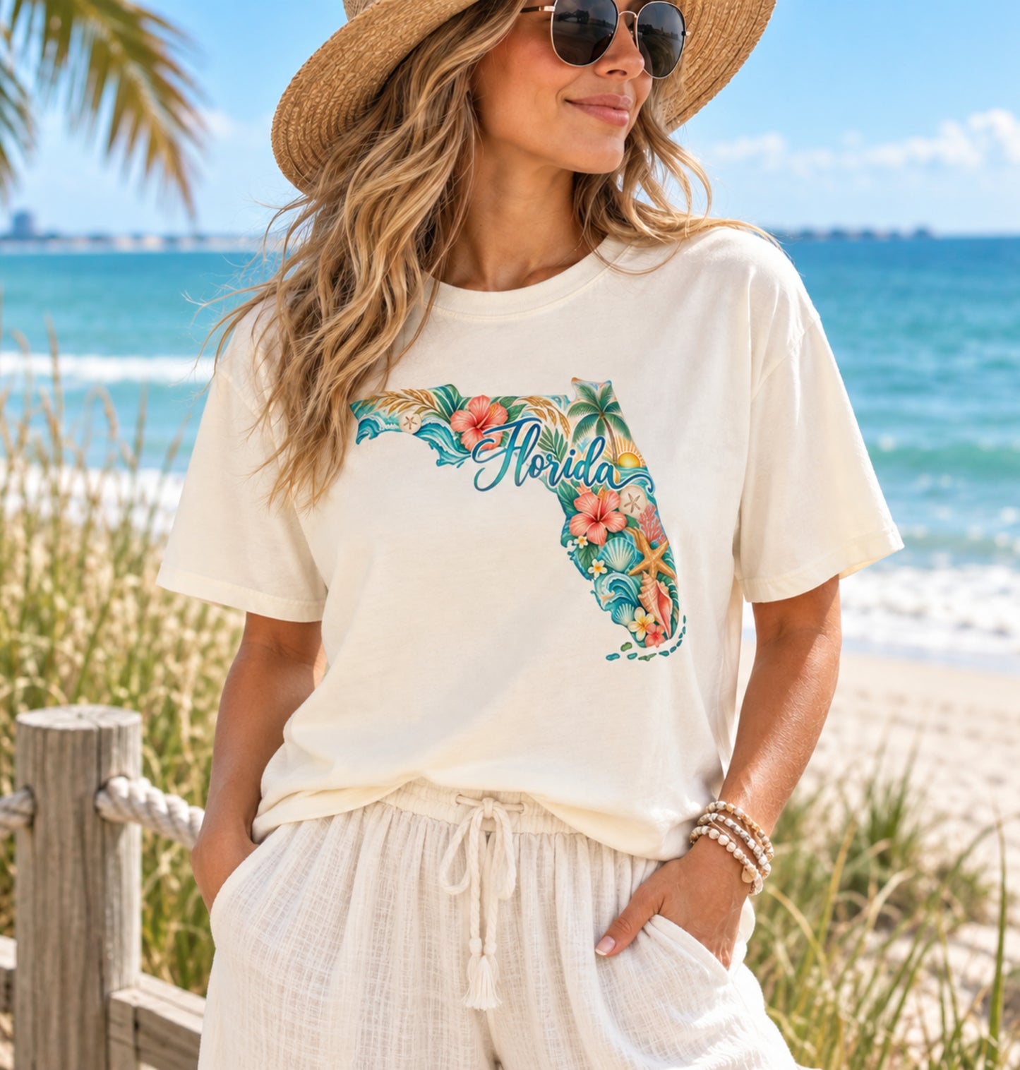Florida Coastal Watercolor T-Shirt | Tropical Floral State Tee