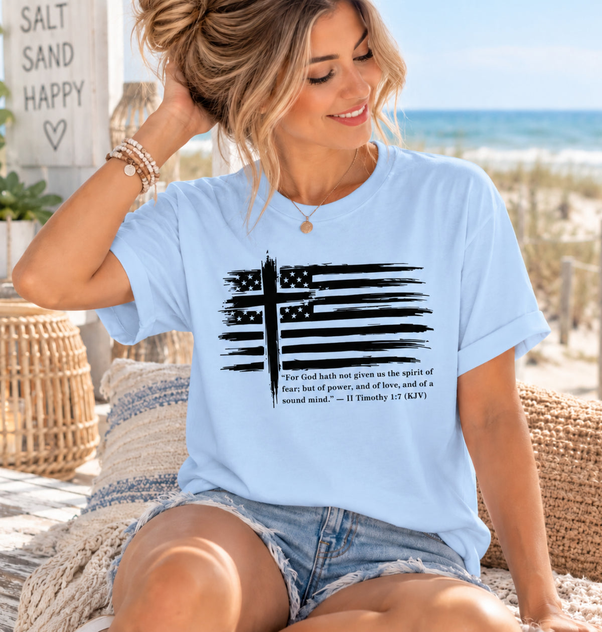 Faith Over Fear Christian Flag T-Shirt | II Timothy 1:7