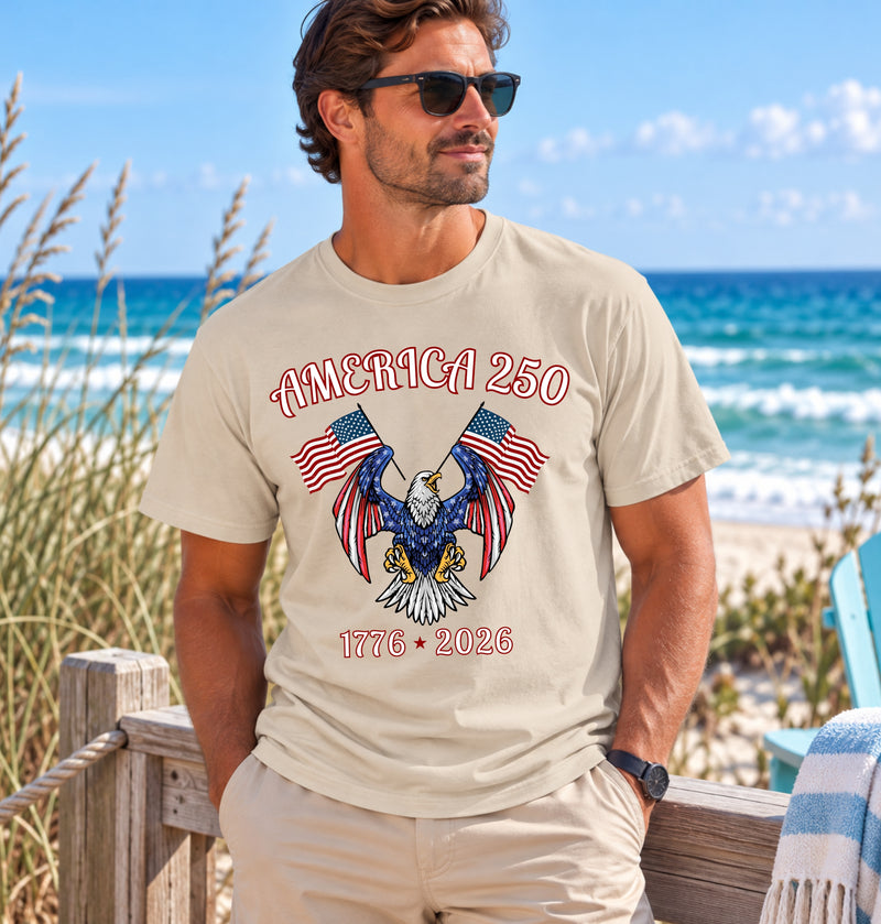 America 250 Eagle T-Shirt — 1776–2026 Patriotic Flags Tee