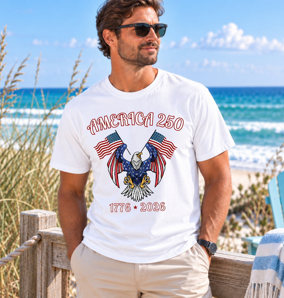 America 250 Eagle T-Shirt — 1776–2026 Patriotic Flags Tee