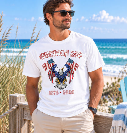 America 250 Eagle T-Shirt — 1776–2026 Patriotic Flags Tee