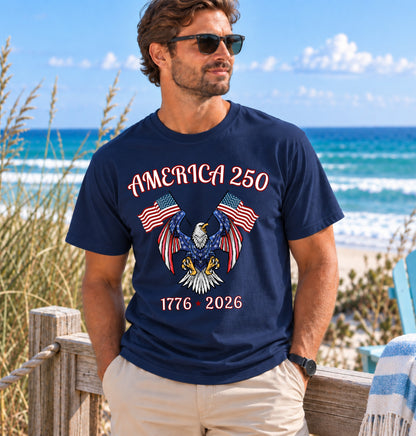 America 250 Eagle T-Shirt — 1776–2026 Patriotic Flags Tee