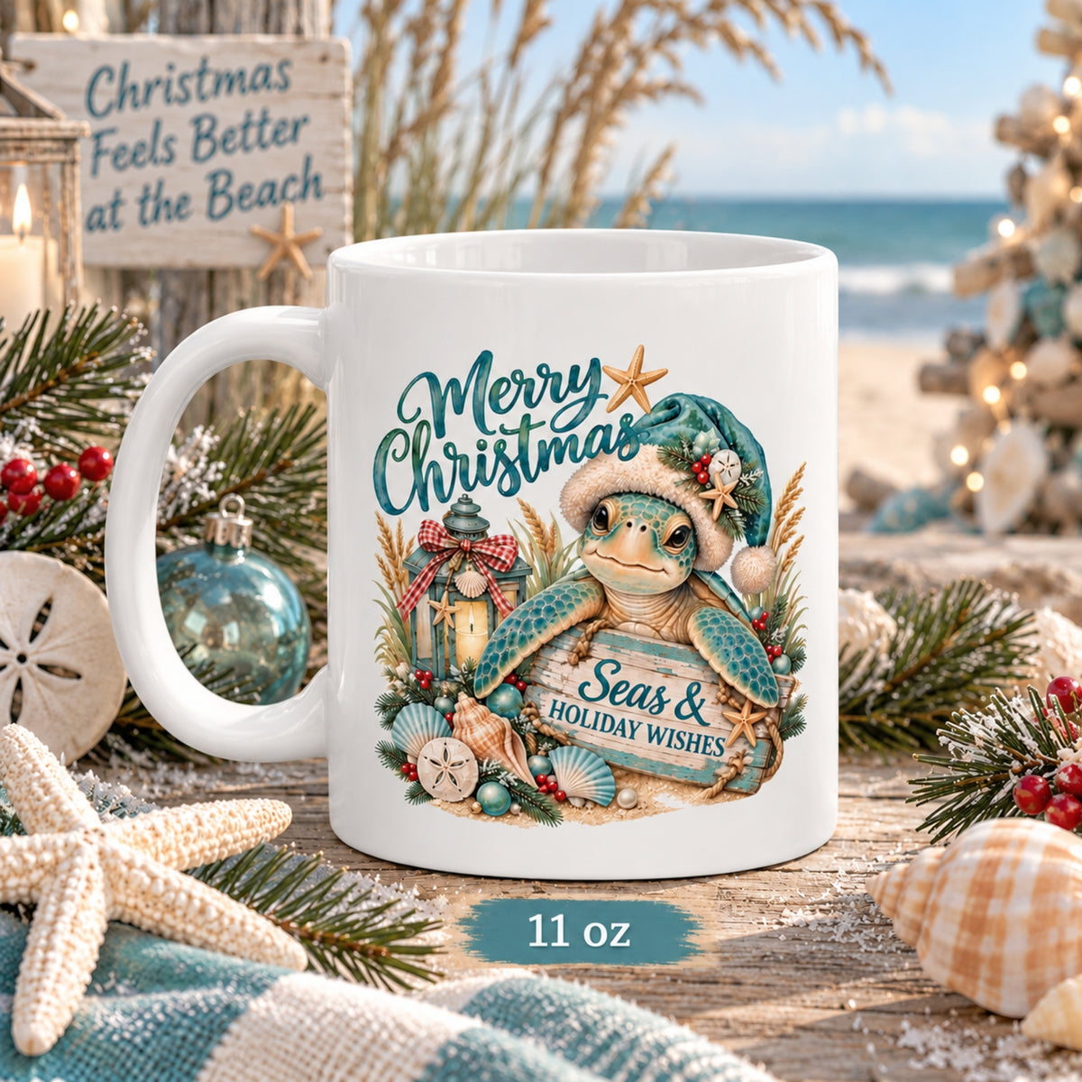 Seas & Holiday Wishes Coastal Christmas Turtle Mug