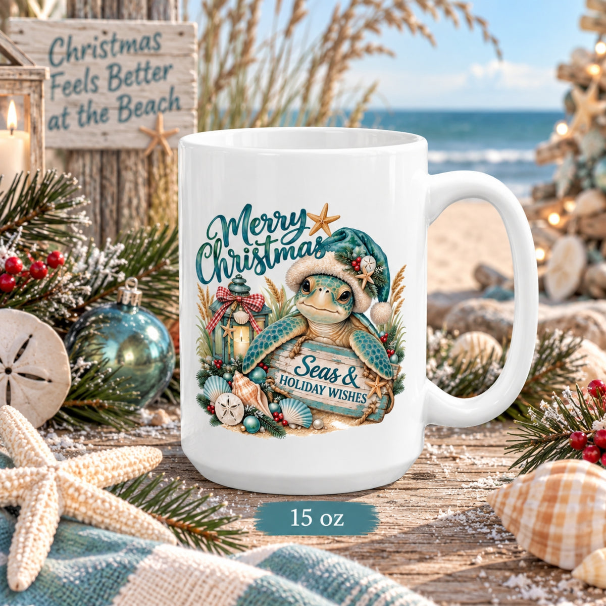 Seas & Holiday Wishes Coastal Christmas Turtle Mug