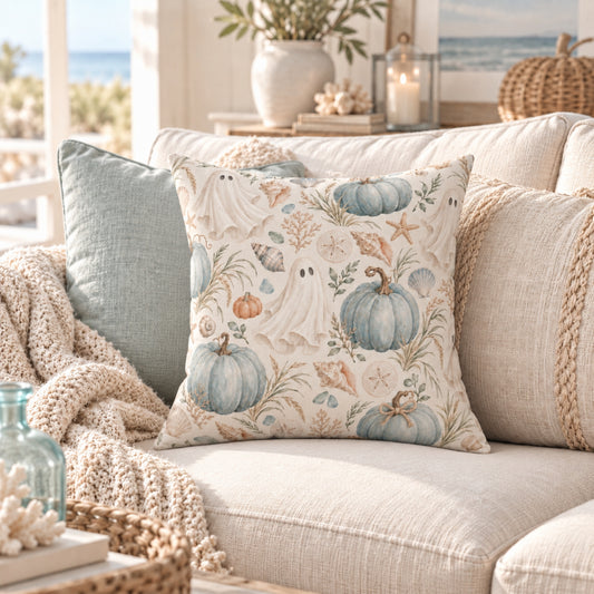 Coastal Ghost & Pumpkin Throw Pillow
