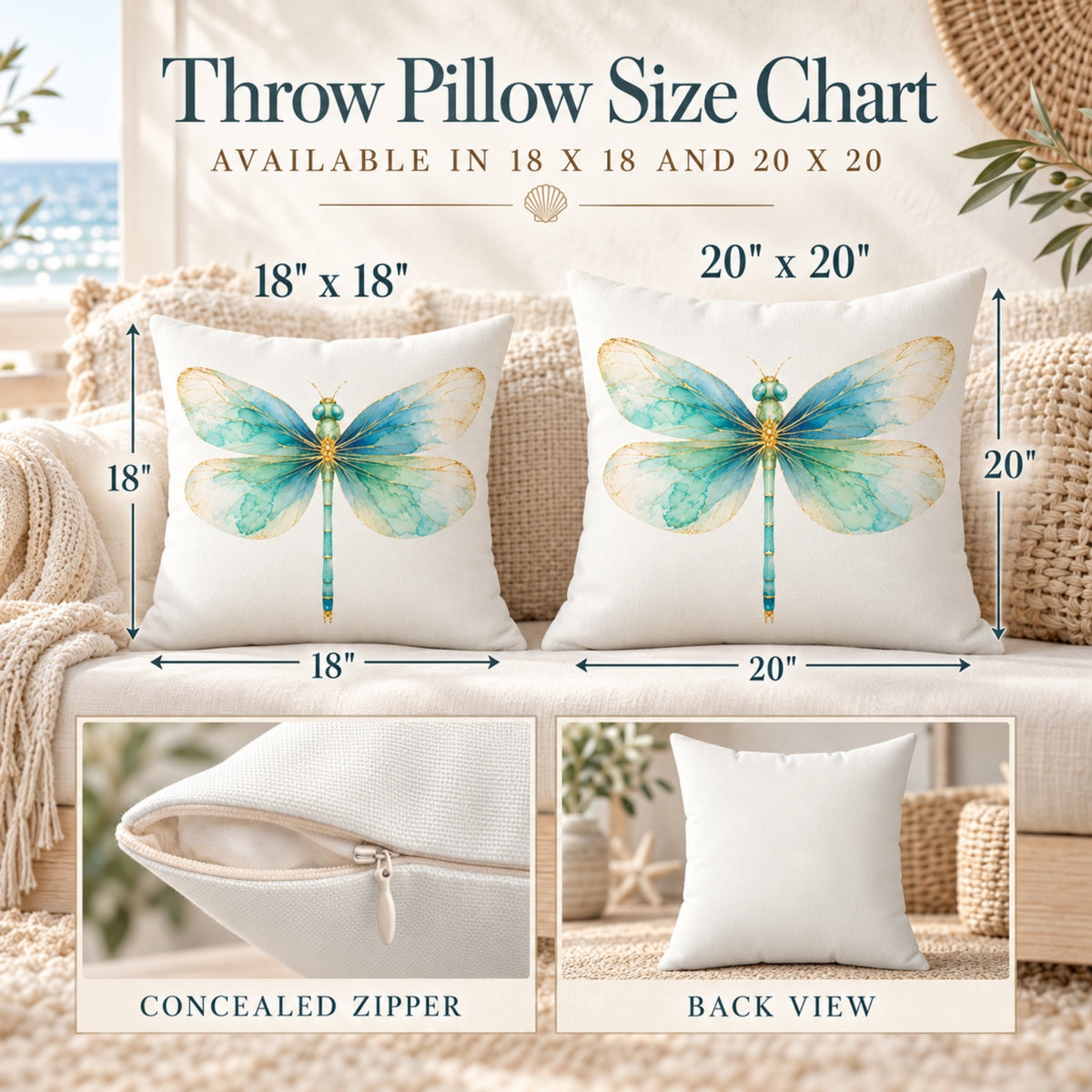 Watercolor Dragonfly Coastal Throw Pillow