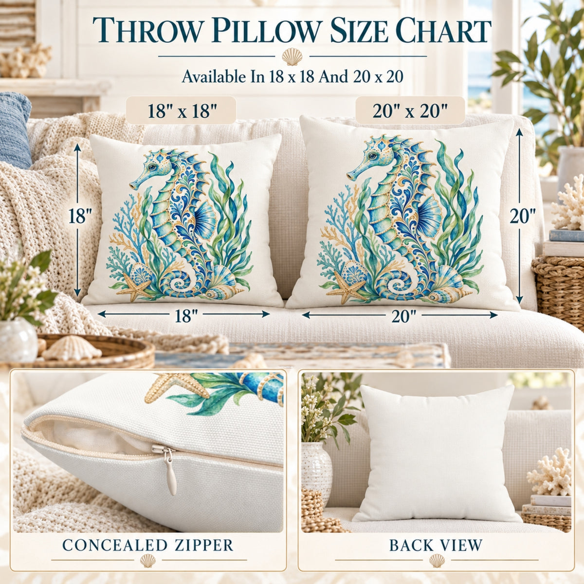 Ornamental Watercolor Seahorse Throw Pillow