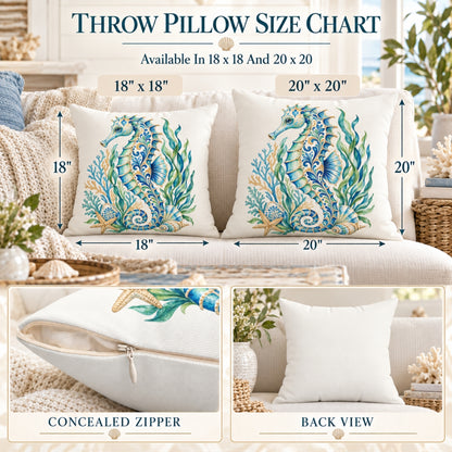 Ornamental Watercolor Seahorse Throw Pillow