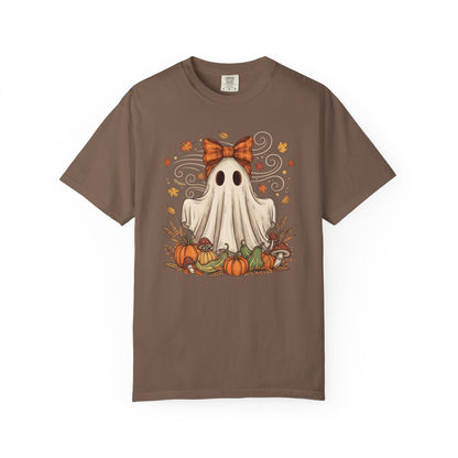 Whimsical Ghost with Coquette Bow Fall Crewneck T-Shirt, Perfect for Halloween, Cozy Fall Vibes, Festive Apparel