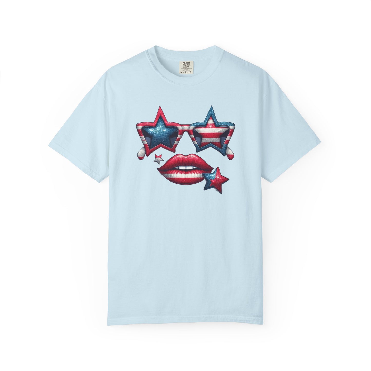 Patriotic Star Sunglasses & Red Lips Tee | 4th of July Comfort Colors Shirt