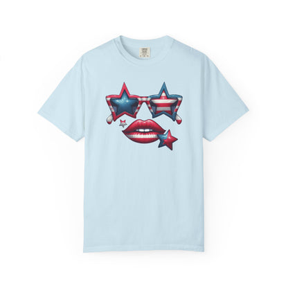 Patriotic Star Sunglasses & Red Lips Tee | 4th of July Comfort Colors Shirt