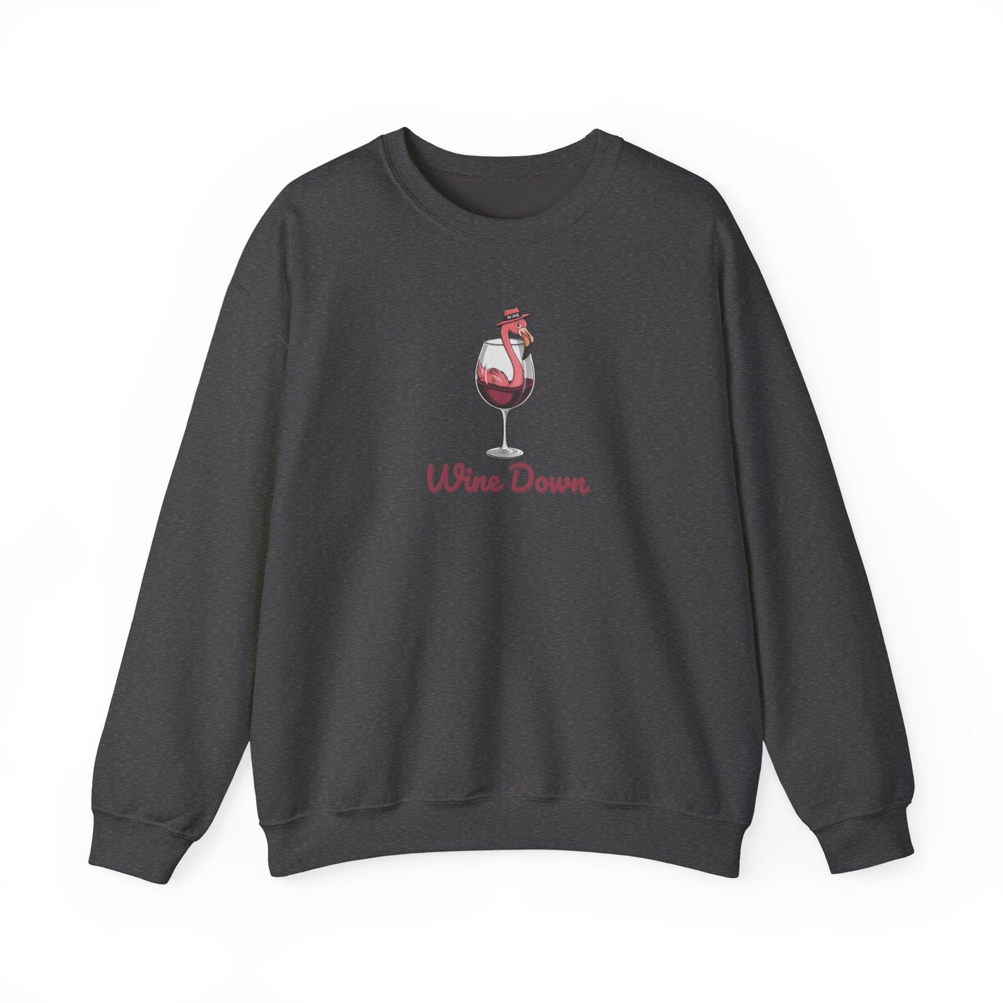 Wine Down Flamingo Graphic Crewneck Sweatshirt - Cozy Gift for Wine Lovers, Beach Vibes, Summer Parties, Relaxation Days, Cute Casual Wear
