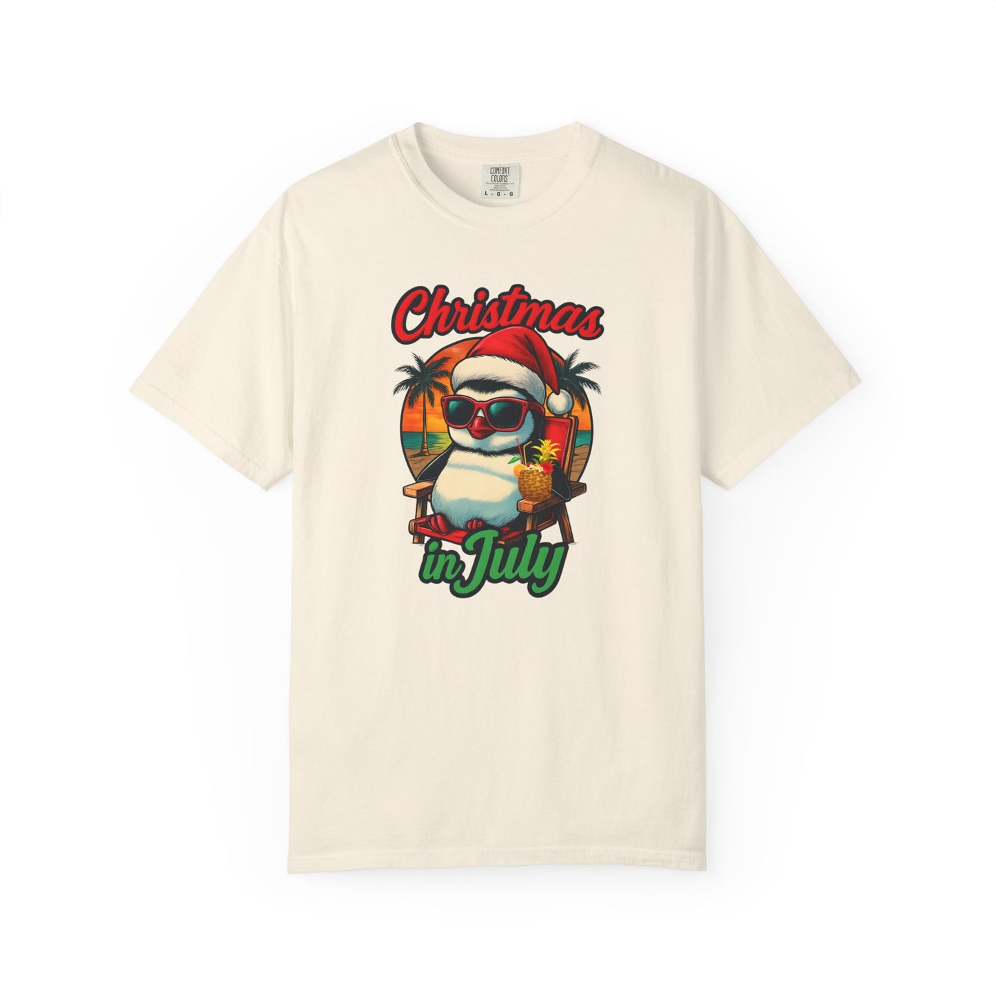 Christmas in July Penguin Design Comfort Colors T-shirt, Fun Summer Tee, Holiday Gift, Unisex Casual Wear, Tropical Christmas Shirt