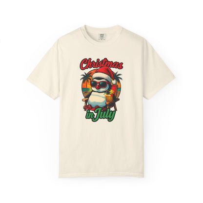 Christmas in July Penguin Design Comfort Colors T-shirt, Fun Summer Tee, Holiday Gift, Unisex Casual Wear, Tropical Christmas Shirt