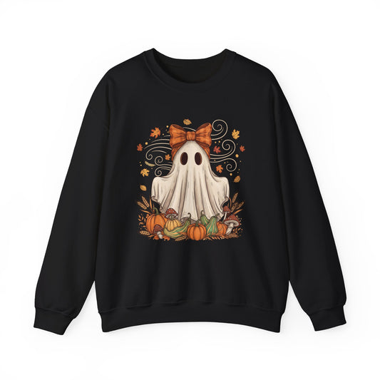 Whimsical Ghost with Coquette Bow Fall Crewneck Sweatshirt, Perfect for Halloween, Cozy Fall Vibes, Festive Apparel
