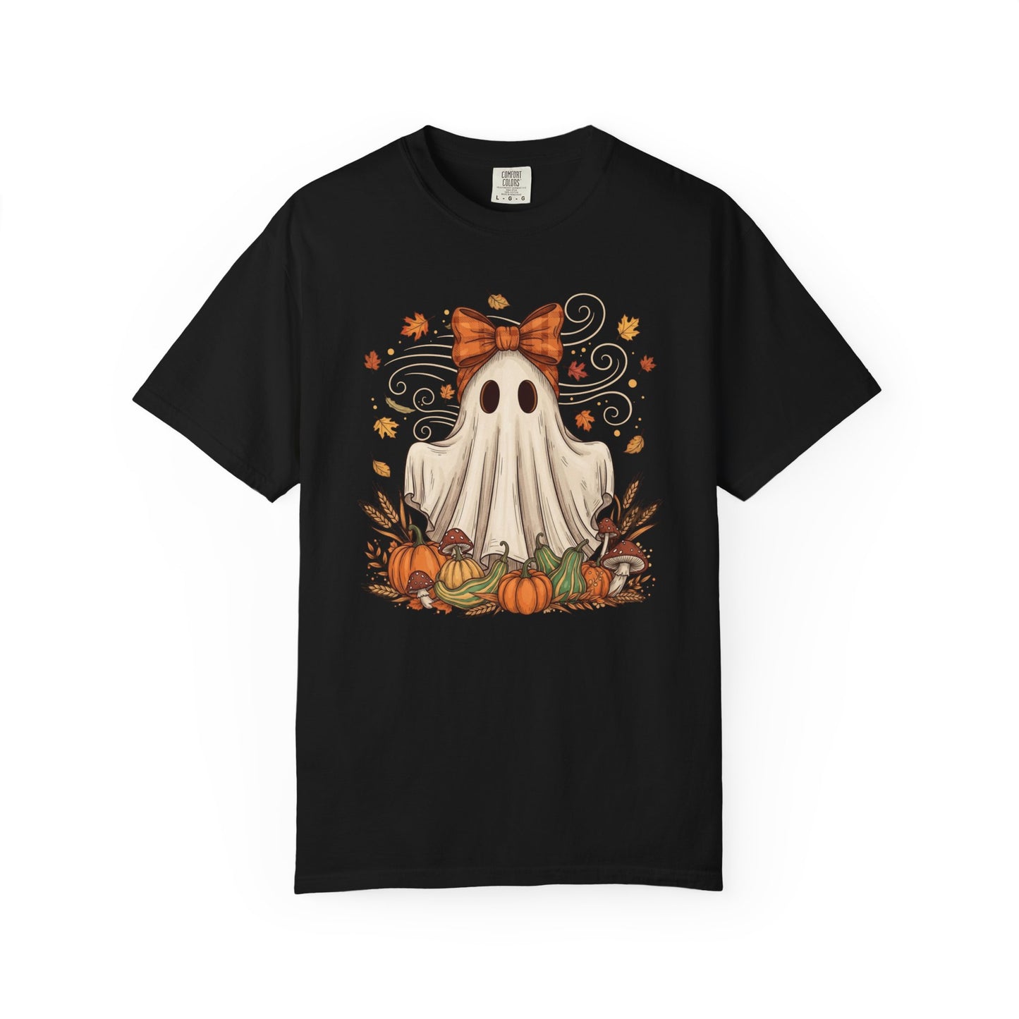Whimsical Ghost with Coquette Bow Fall Crewneck T-Shirt, Perfect for Halloween, Cozy Fall Vibes, Festive Apparel
