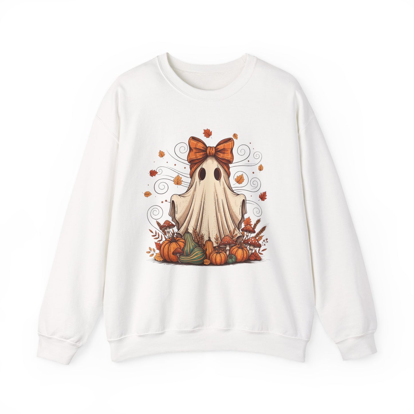 Whimsical Ghost with Coquette Bow Fall Crewneck Sweatshirt, Perfect for Halloween, Cozy Fall Vibes, Festive Apparel