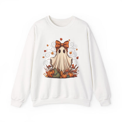 Whimsical Ghost with Coquette Bow Fall Crewneck Sweatshirt, Perfect for Halloween, Cozy Fall Vibes, Festive Apparel