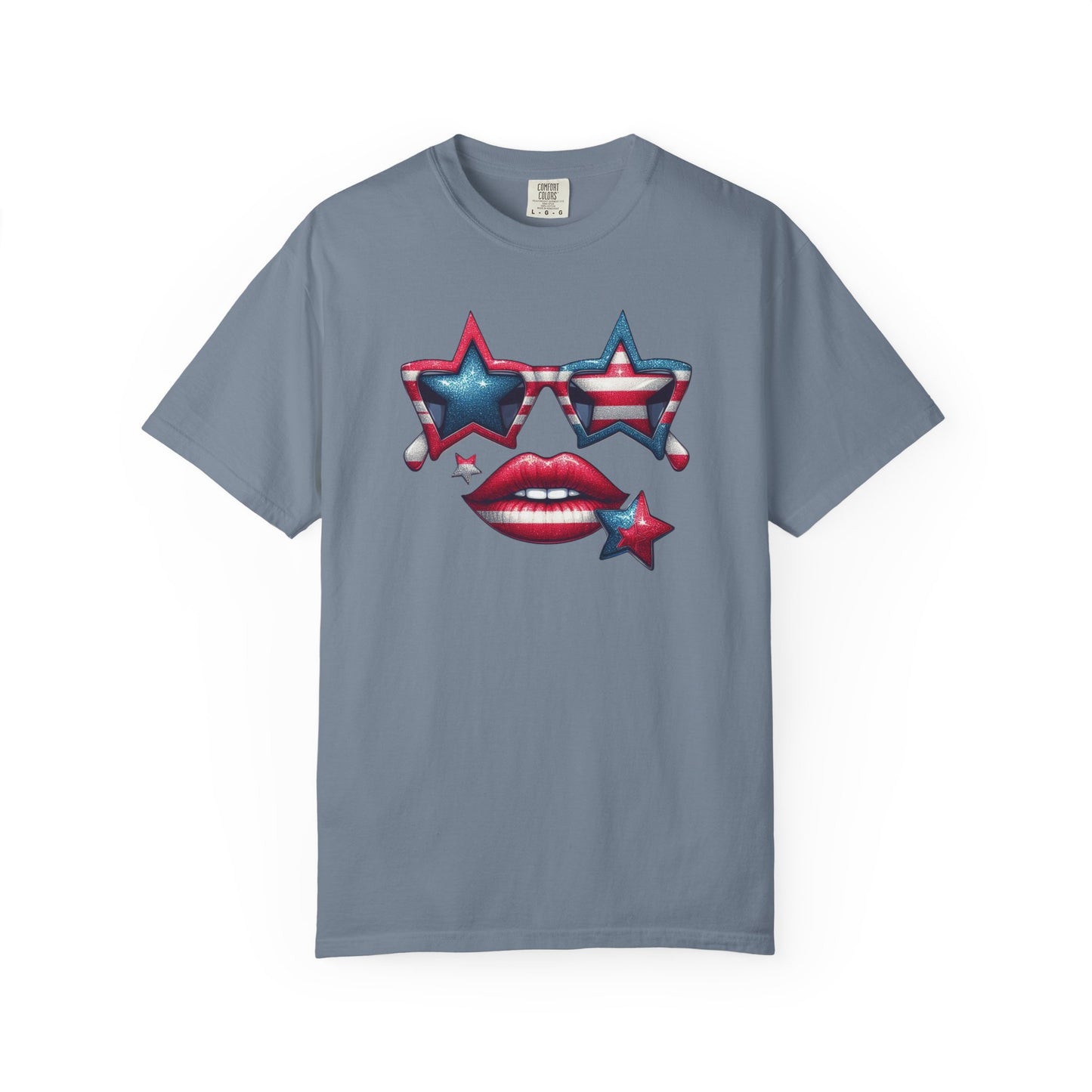 Patriotic Star Sunglasses & Red Lips Tee | 4th of July Comfort Colors Shirt